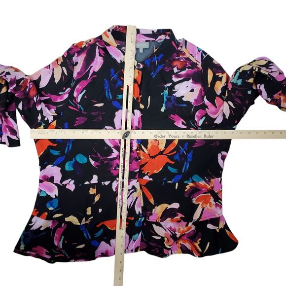 Habitat Clothes To Live In Button Up Shirt XL Floral Splash Ruffle Long Sleeve - Picture 9 of 11